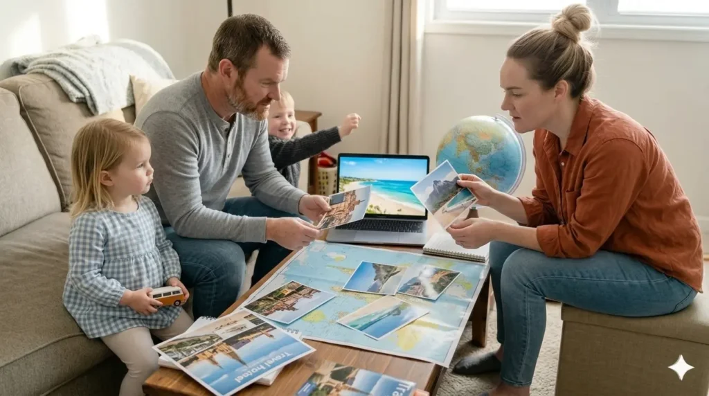 family comparing travel destinations and discussing options at home