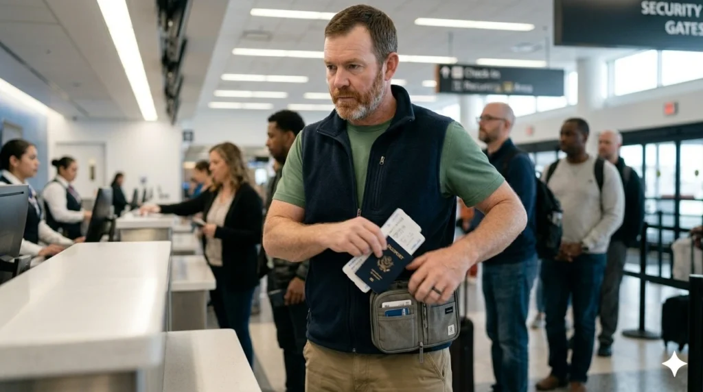 parent quickly accessing passport and boarding pass at airport