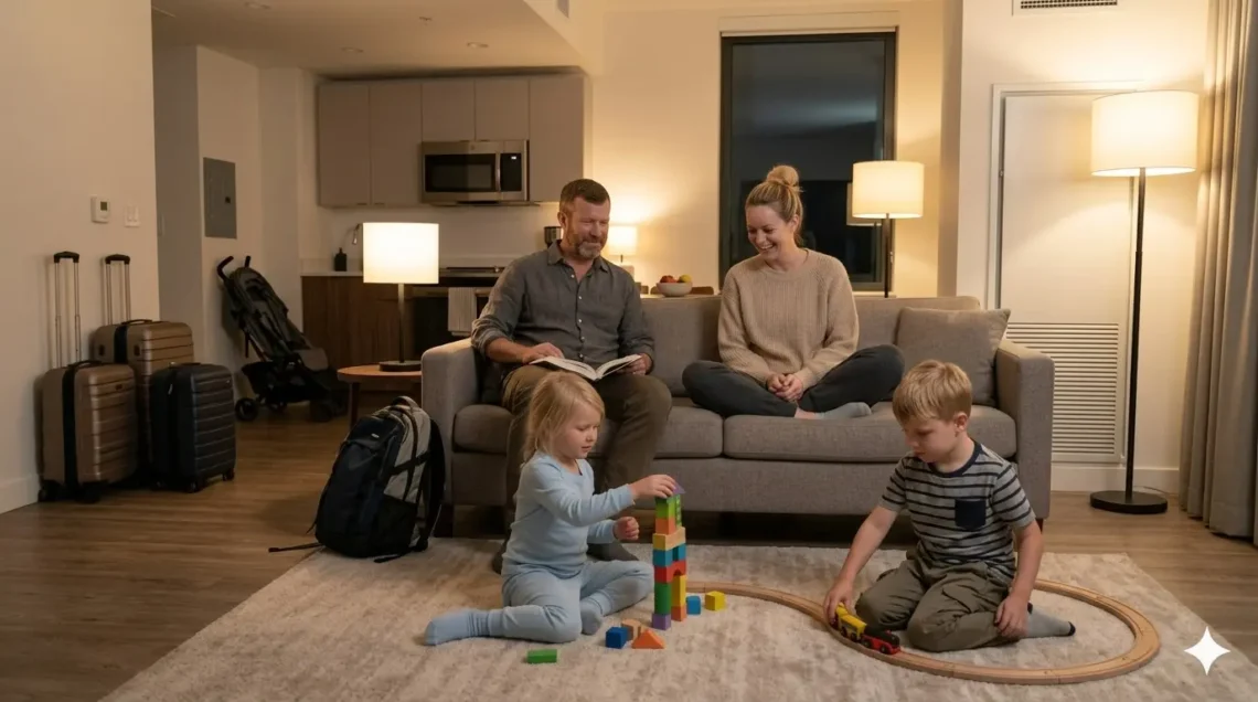 Family relaxing inside a cozy Airbnb apartment during vacation