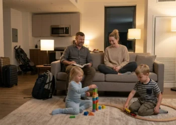 Family relaxing inside a cozy Airbnb apartment during vacation