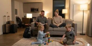 Family relaxing inside a cozy Airbnb apartment during vacation