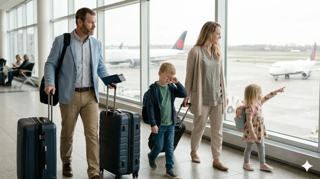 family traveling at airport with kids and luggage during long trip