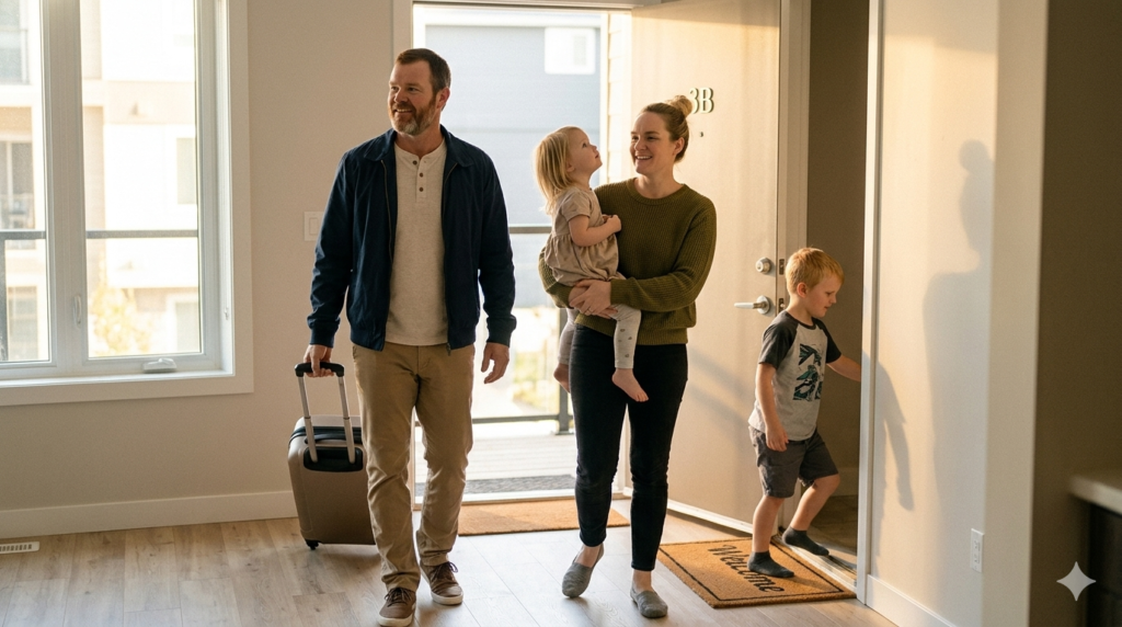 family arriving at comfortable and affordable vacation rental