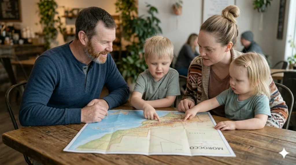 family discussing travel plans together before the trip