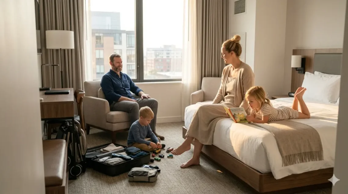 Family relaxing in a comfortable hotel room during a family vacation