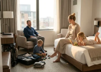 Family relaxing in a comfortable hotel room during a family vacation