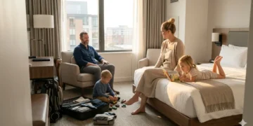 Family relaxing in a comfortable hotel room during a family vacation