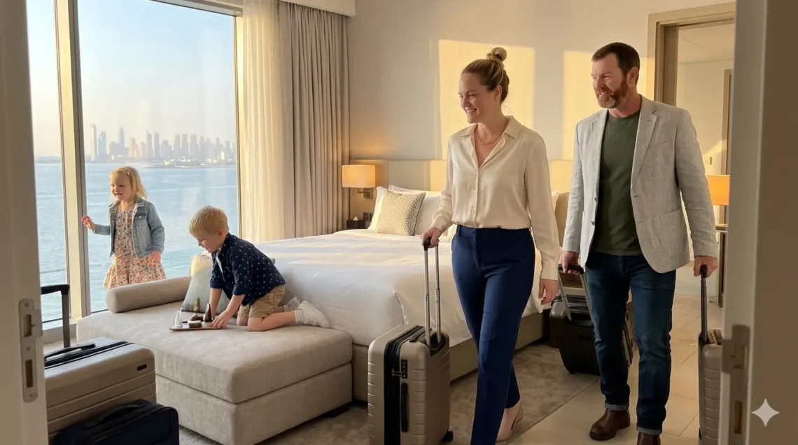 Family relaxing inside a spacious modern hotel suite with large beds and a beautiful window view during a family vacation