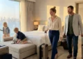 Family relaxing inside a spacious modern hotel suite with large beds and a beautiful window view during a family vacation