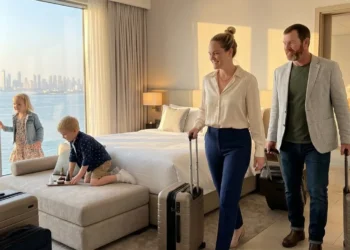 Family relaxing inside a spacious modern hotel suite with large beds and a beautiful window view during a family vacation