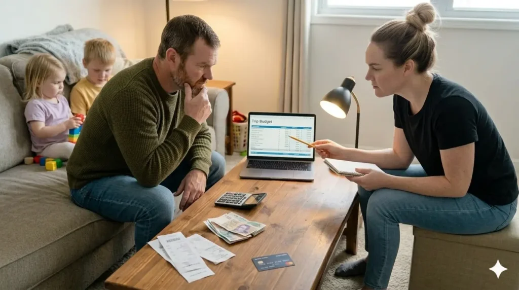 parent planning family travel budget with laptop calculator and notes
