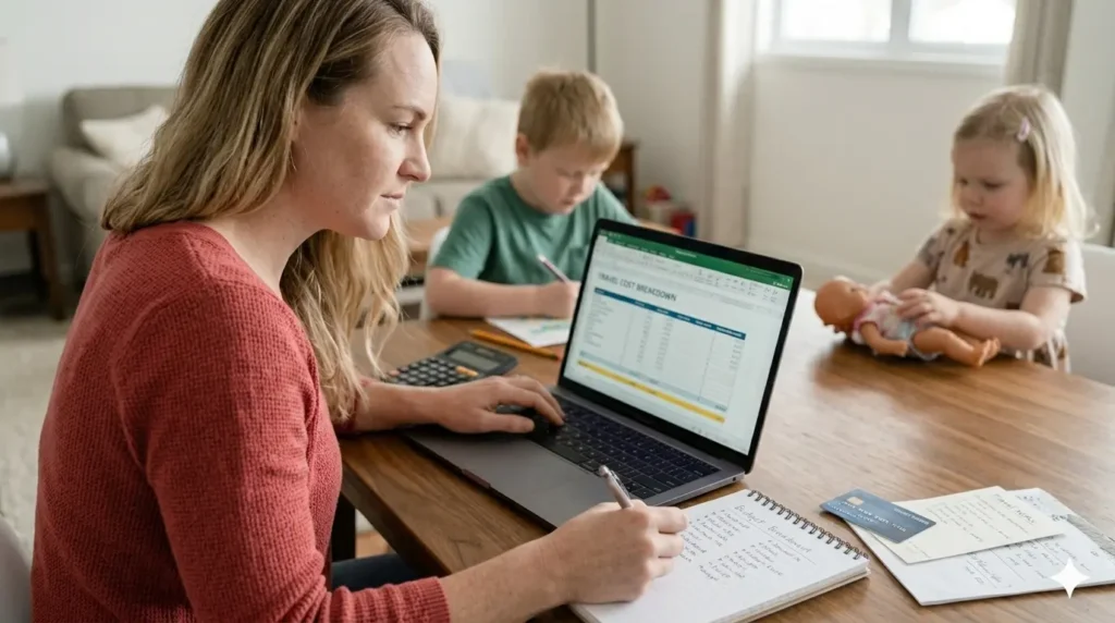 parent planning family travel budget with laptop and notes