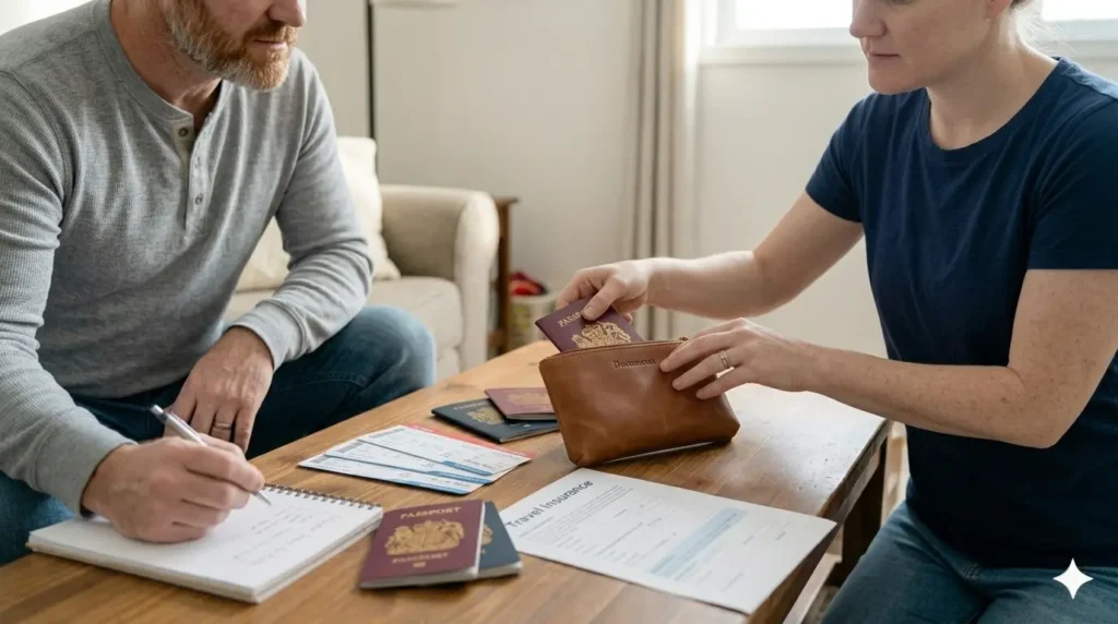 parent organizing passports and travel documents before trip