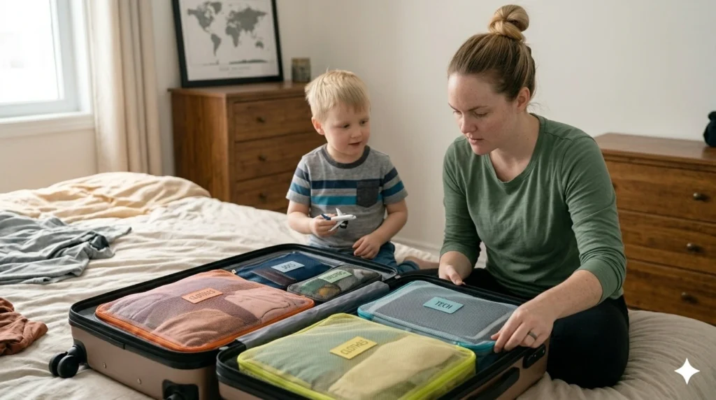 organized suitcase with separate sections for travel items