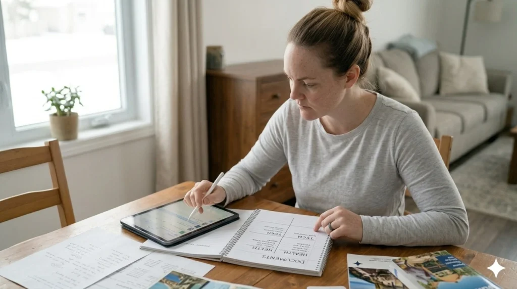 family organizing travel documents at home before a trip