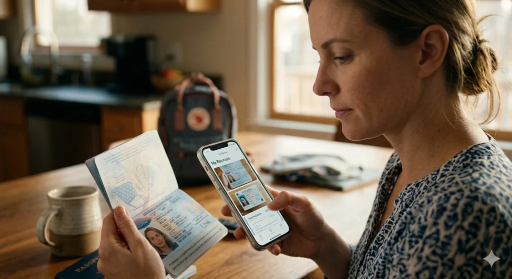 checking digital copies of travel documents on smartphone