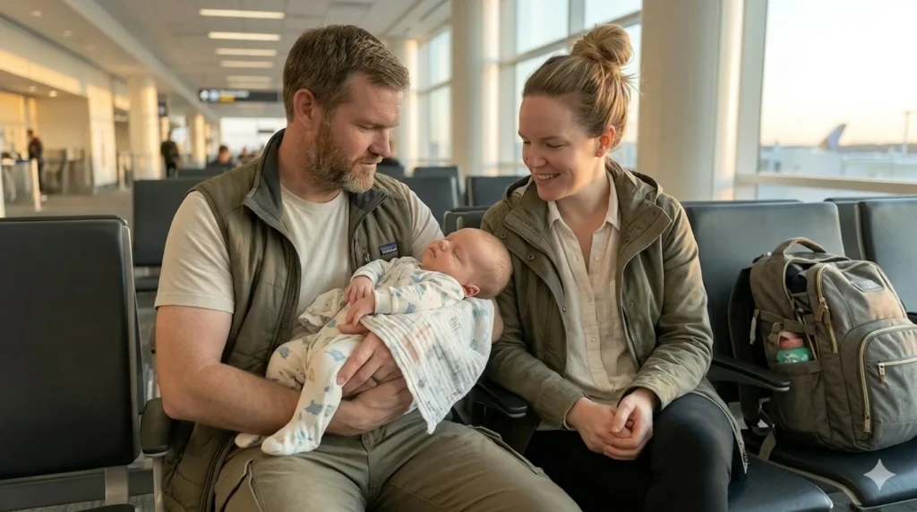 parent traveling with sleeping baby during flight or airport