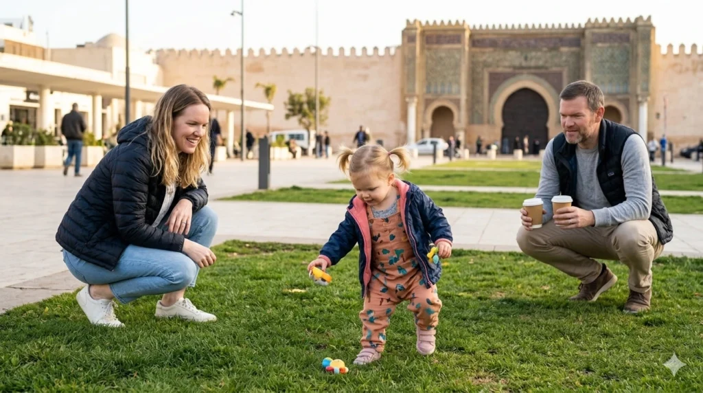 toddler walking and exploring during travel with parent nearby