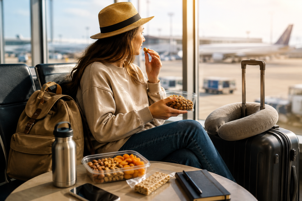 Traveler relaxing at an airport with healthy travel snacks, water bottle, backpack, and suitcase before a flight.