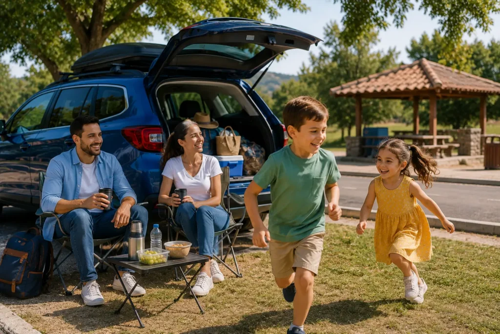 A family taking a relaxing break while the children play beside their parked SUV at a roadside rest area.