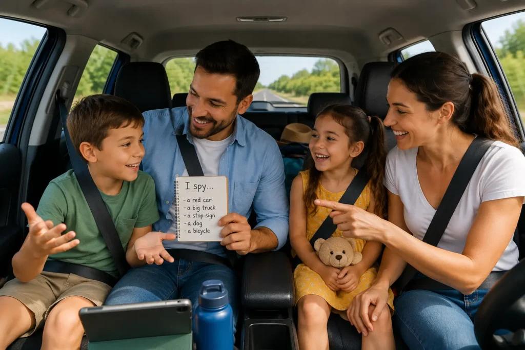 Parents and children enjoying fun games together inside the car during a family road trip.