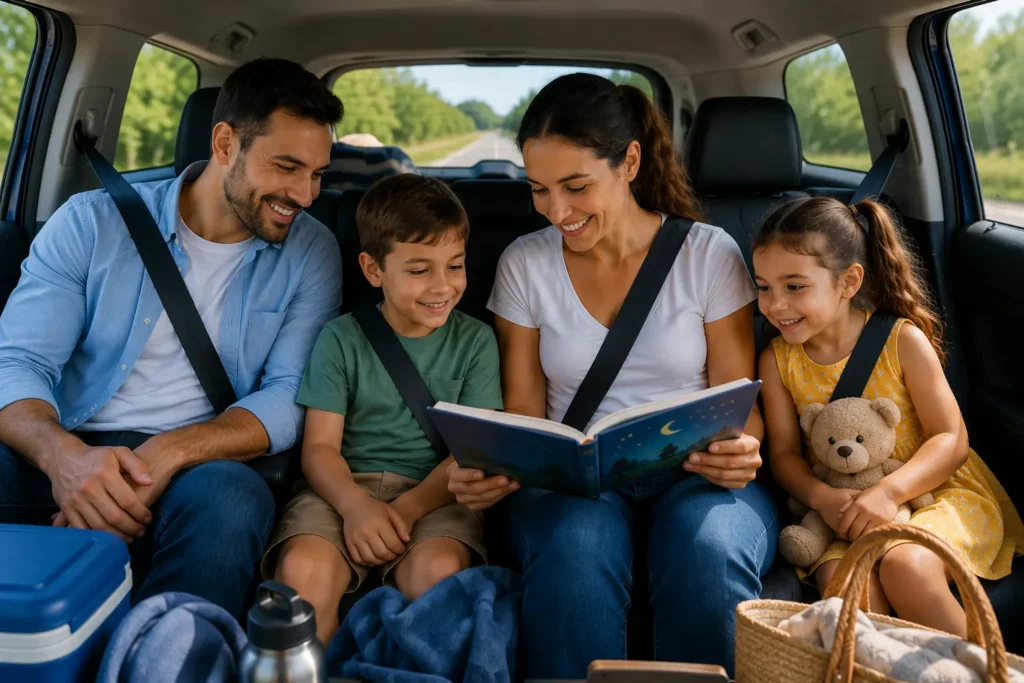 A mother reading a story to her children inside the car to keep them entertained during a long drive.