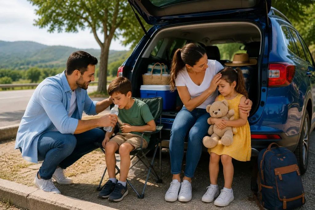 A family taking a short roadside break as parents help their children stay comfortable during the journey.