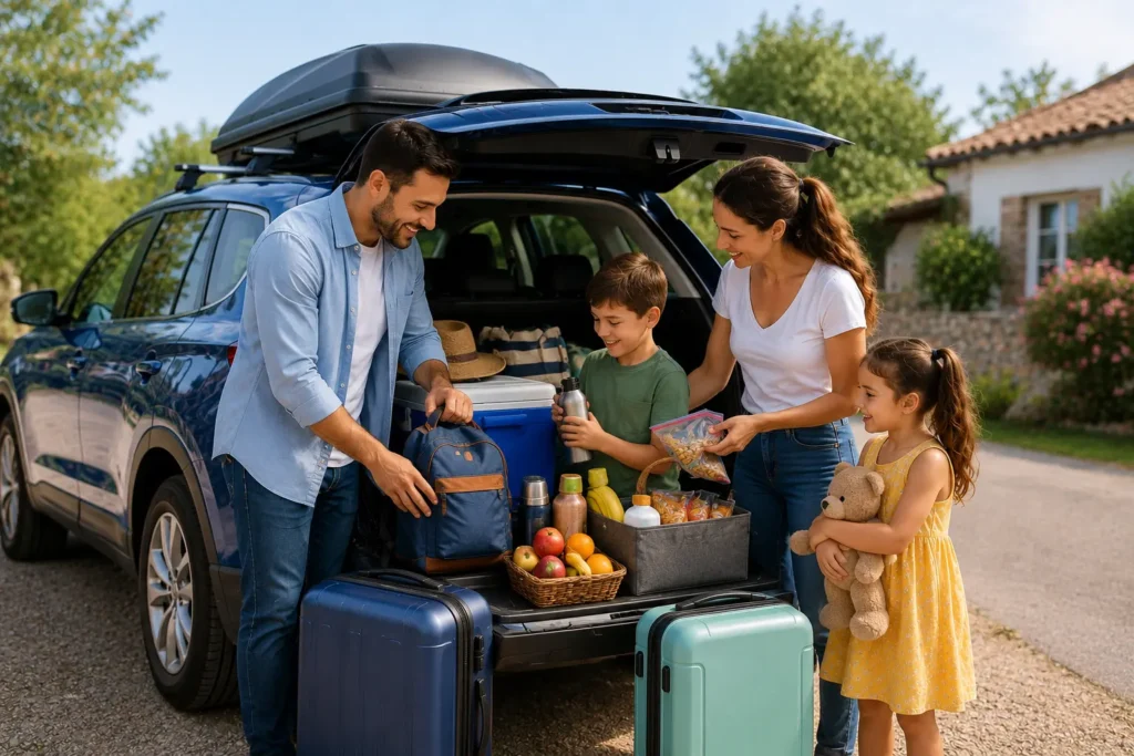 A family organizing luggage, snacks, and travel essentials before starting their road trip.