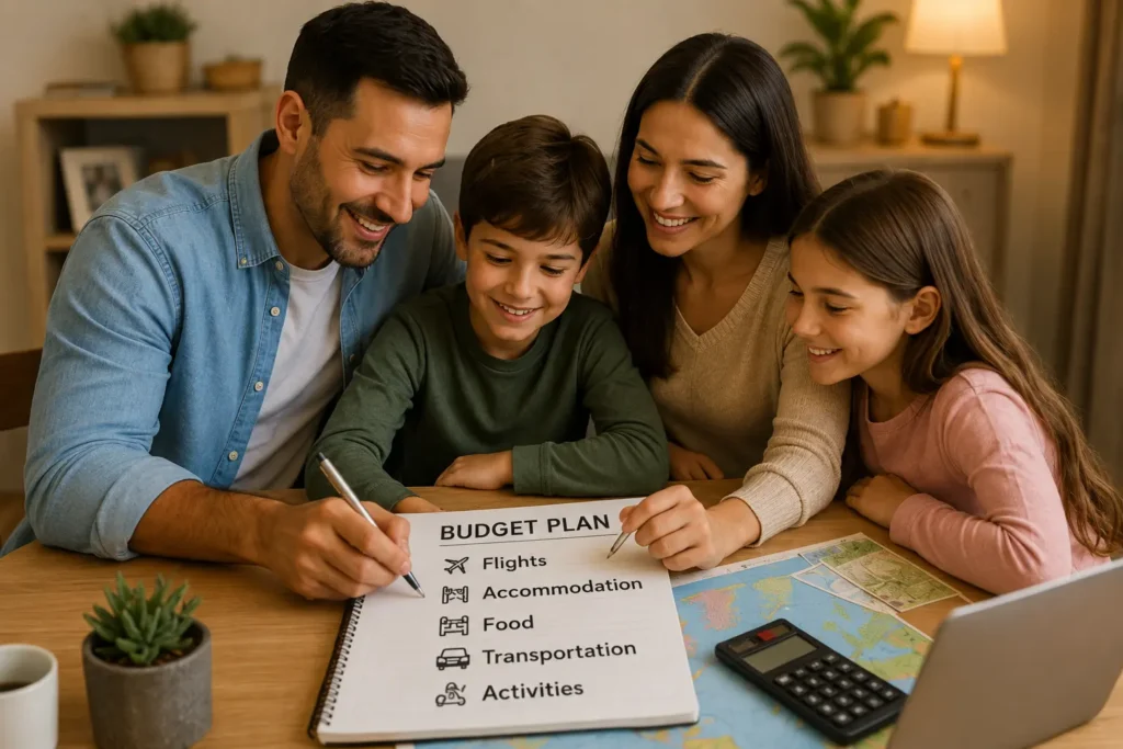 A family of four plans their budget-friendly vacation together at home using a map, laptop, and travel budget notebook.