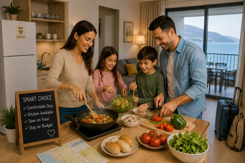 A family enjoys cooking together in a cozy vacation apartment to save money and feel at home.