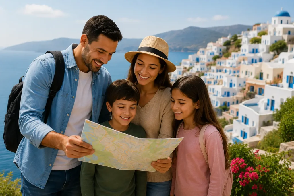 A happy family explores a scenic coastal destination while choosing the best affordable place for their next adventure.