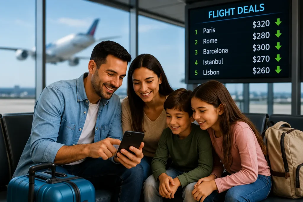 family compares flight prices on a smartphone while waiting at the airport with their luggage.