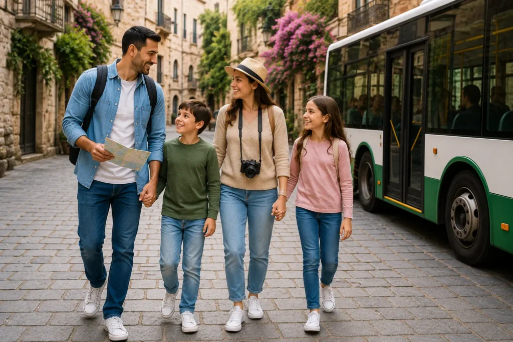 A family strolls through a charming old town, enjoying sightseeing and local attractions without spending much money.
