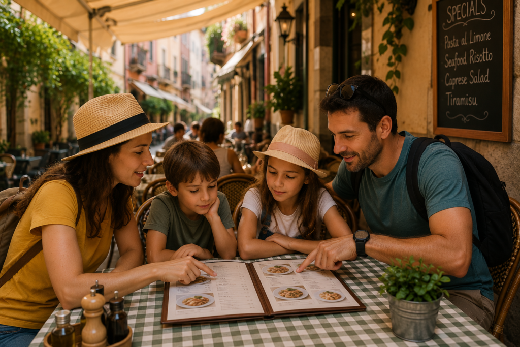 Family comparing menu options at a local restaurant to enjoy authentic cuisine while staying within their travel budget.