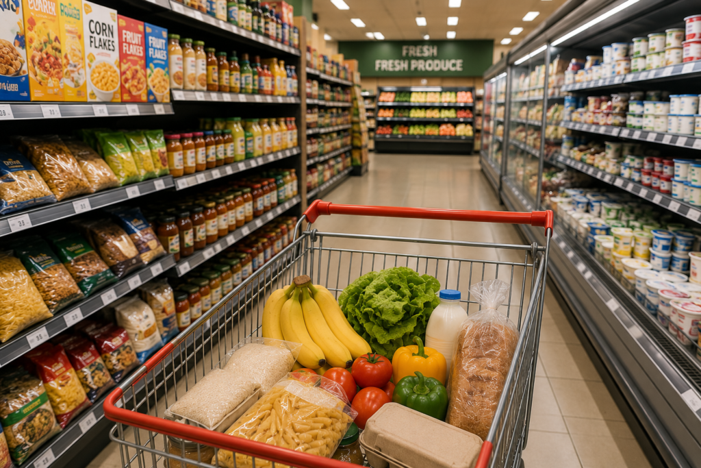 Grocery shopping at a local supermarket with fresh food and essentials to reduce travel meal expenses.