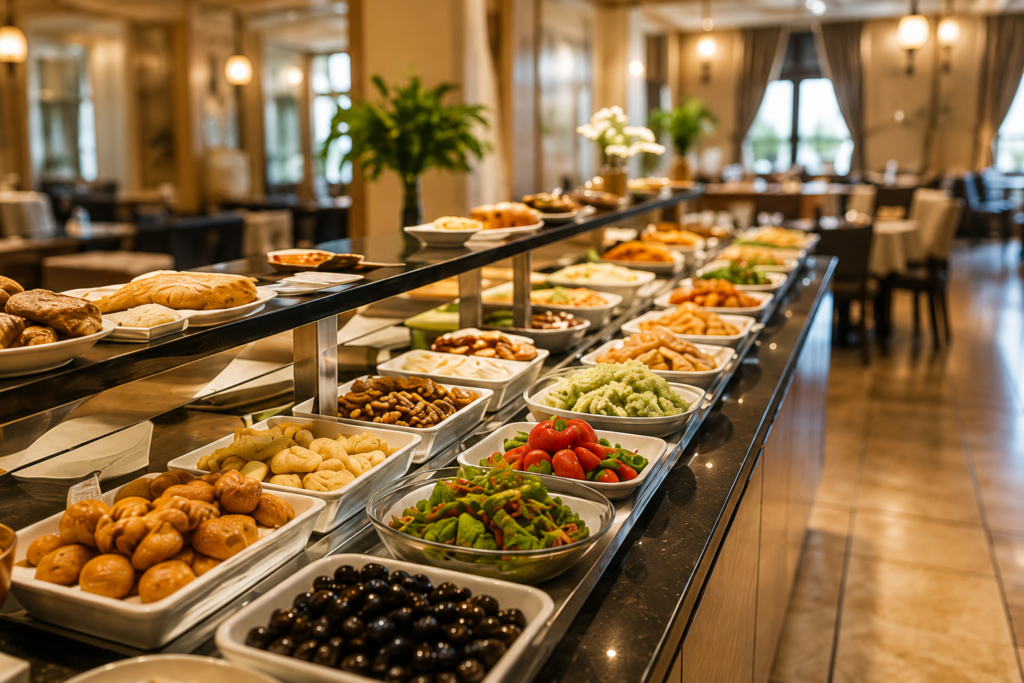 Hotel buffet offering a wide selection of fresh dishes, allowing travelers to enjoy filling meals while lowering daily food costs.