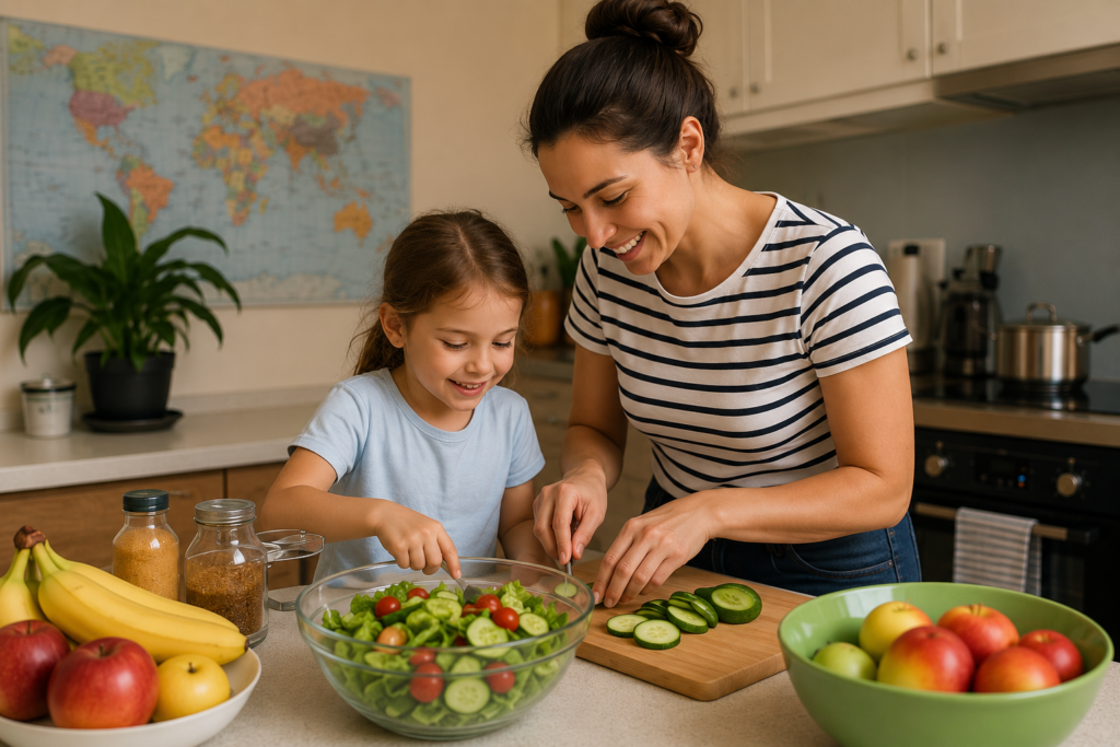 Family preparing a healthy homemade meal in a vacation rental kitchen to save money while traveling.