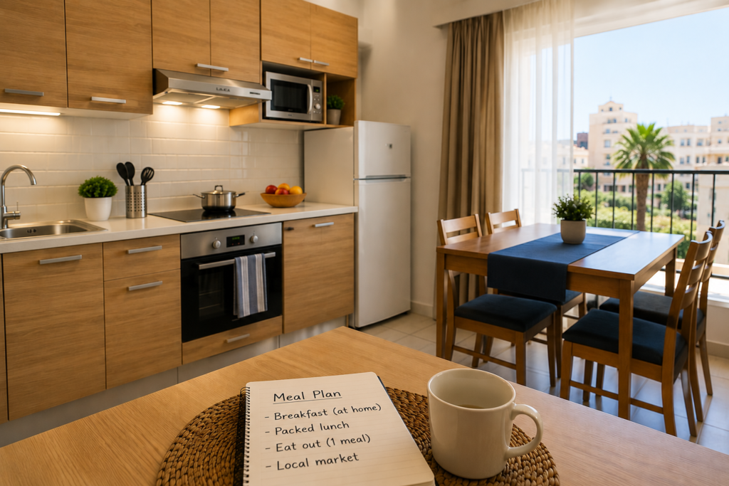 Modern vacation accommodation with a fully equipped kitchen, helping travelers prepare meals and reduce food expenses during their trip.