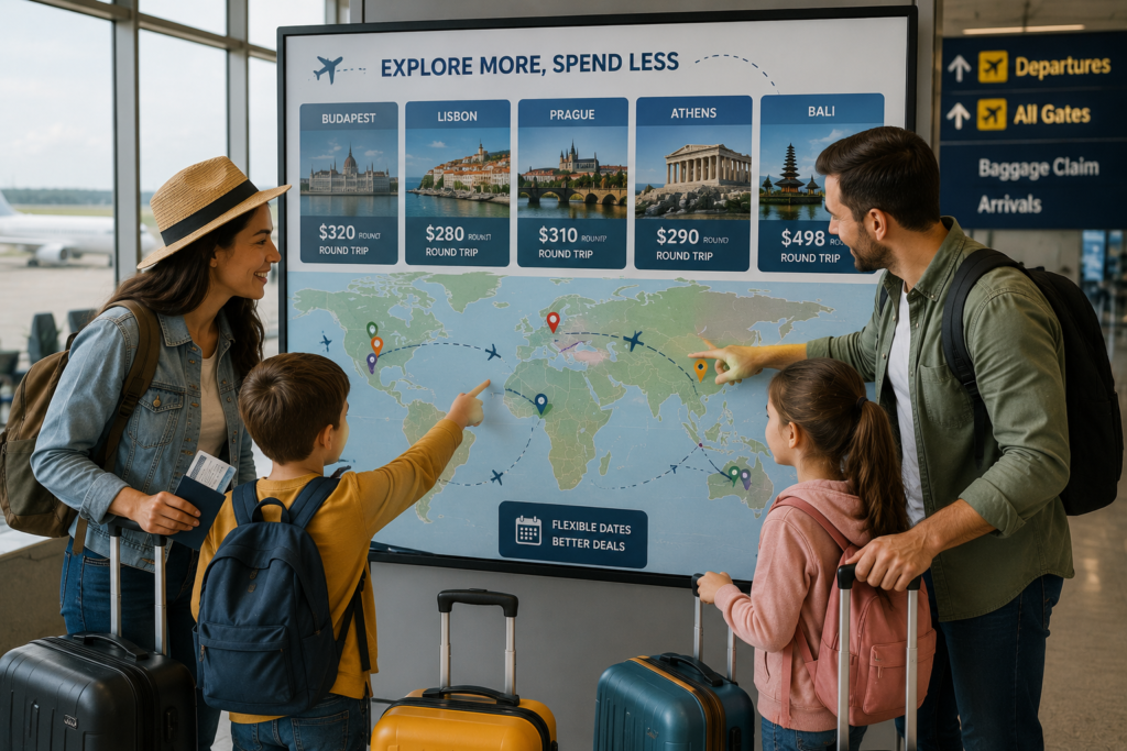 A family exploring multiple travel destinations and flexible flight options to find affordable vacation deals.