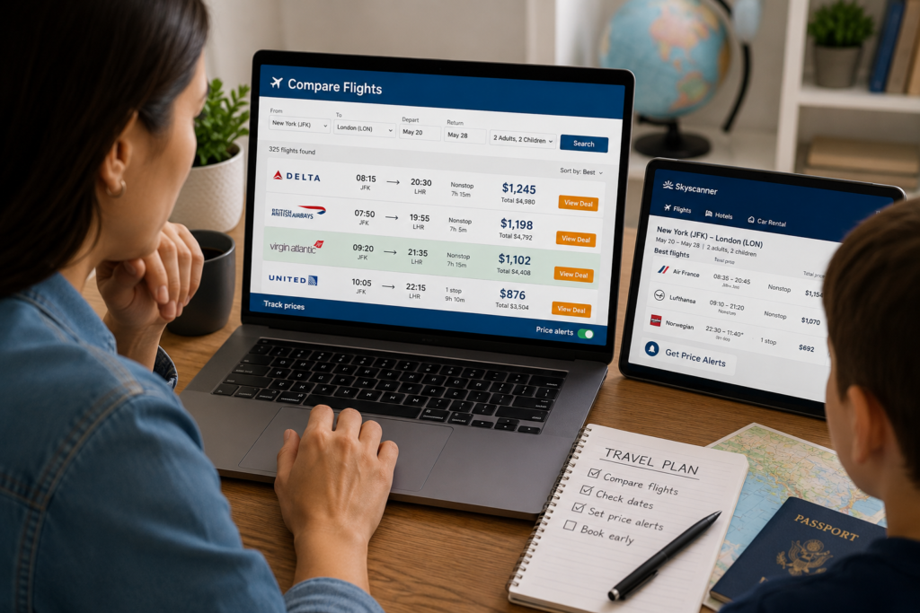 parent comparing airline ticket prices on travel booking websites to find the best family flight deals.