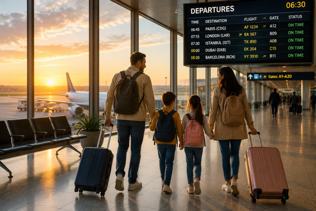 A family arriving at the airport for an early morning flight to enjoy lower travel costs and fewer crowds.