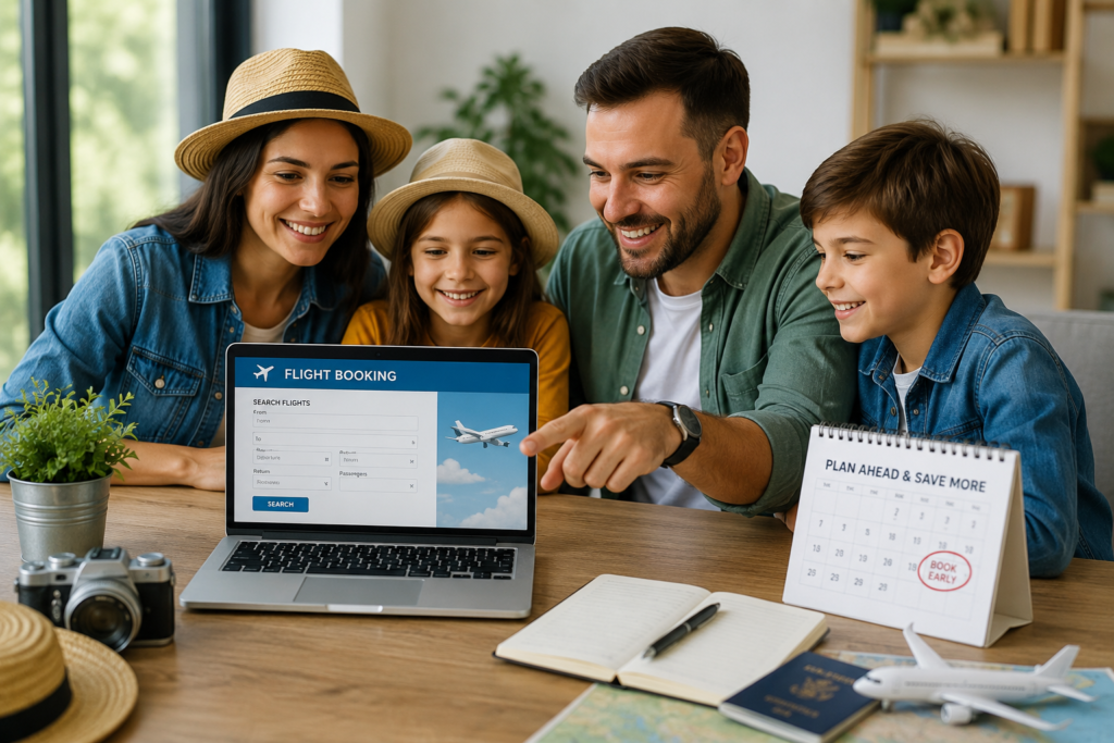 family booking flight tickets online early to secure lower airfare and save money on their vacation.