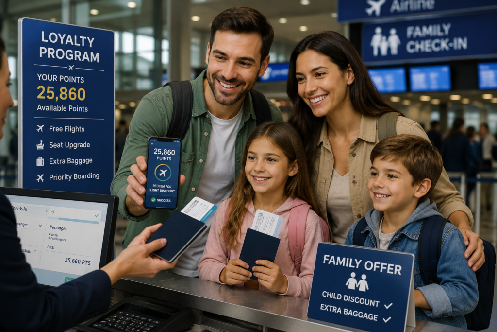 A family using airline loyalty rewards and special travel discounts while checking in at the airport.