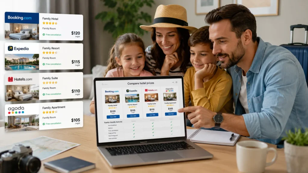 Family comparing hotel booking websites on a laptop to find the best family-friendly hotel deals and discounts.