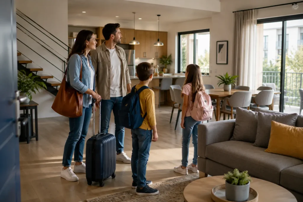 Family touring a bright modern vacation apartment with spacious rooms and a fully equipped kitchen before renting.