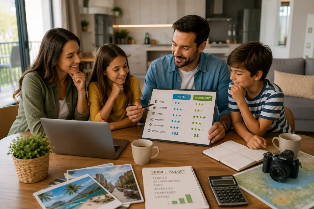 Family comparing hotel and apartment options to balance comfort, space, and travel budget before booking.