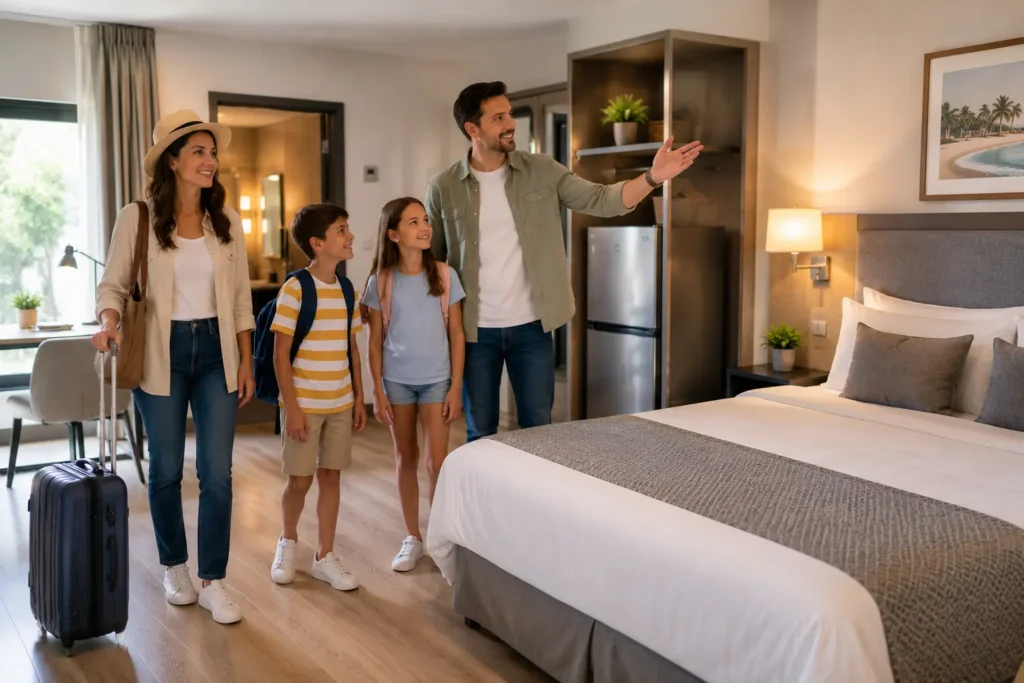 Family inspecting a comfortable hotel room with spacious beds and modern amenities before checking in.