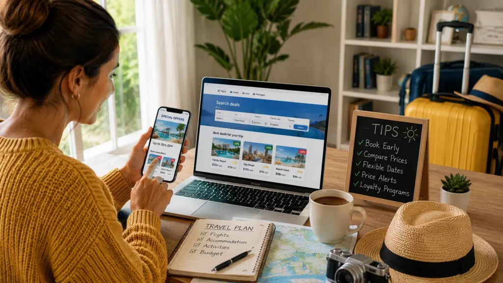 Traveler searching online for hotel discounts, price alerts, and family travel deals using a laptop and smartphone.
