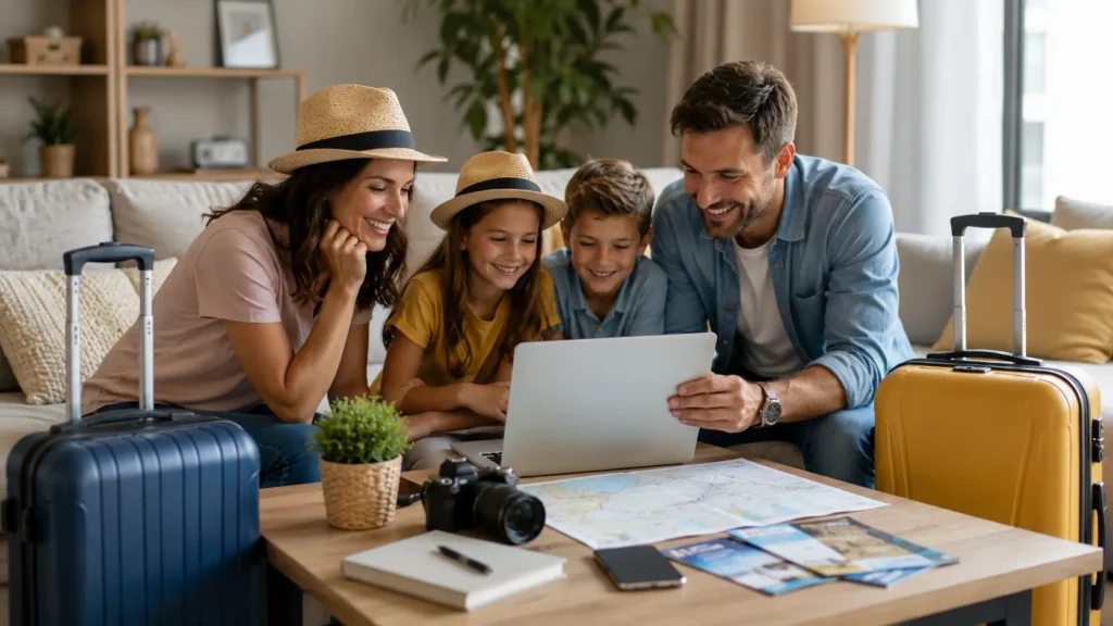 Family exploring a spacious modern apartment before booking to choose the best accommodation for a comfortable family vacation.
