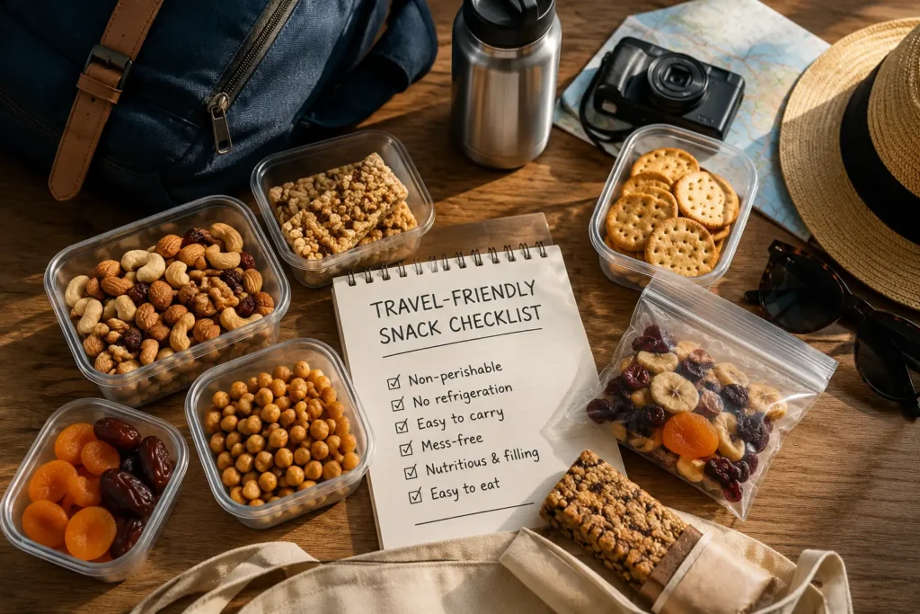 Travel-friendly snacks including nuts, dried fruits, granola bars, and crackers packed neatly with travel essentials.